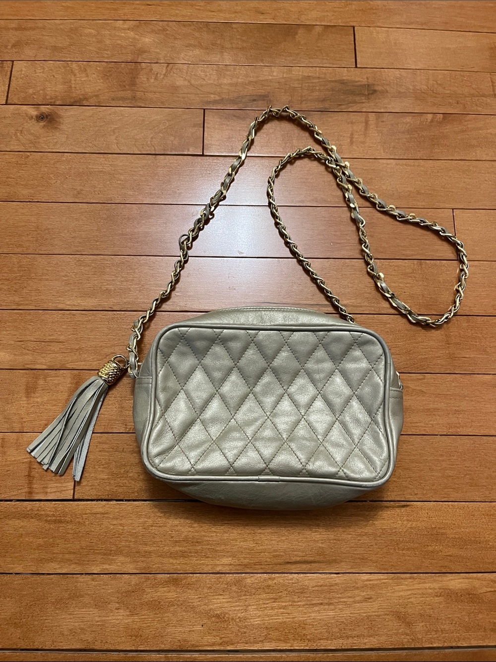 Vintage Holt Renfrew Quilted Leather Camera Bag with Gold Chain Tassel Accent